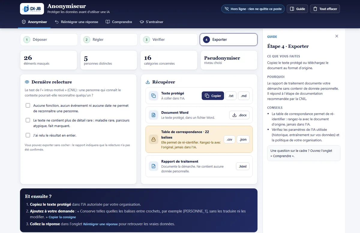 L'étape Exporter : relecture finale, téléchargement du document protégé, de la table de correspondance et du rapport