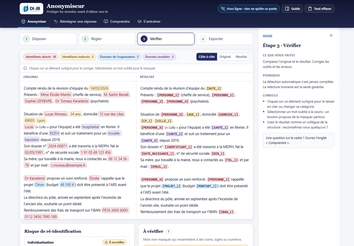 L'étape Vérifier : le texte d'origine surligné à gauche, le texte protégé avec des balises à droite, et l'évaluation du risque